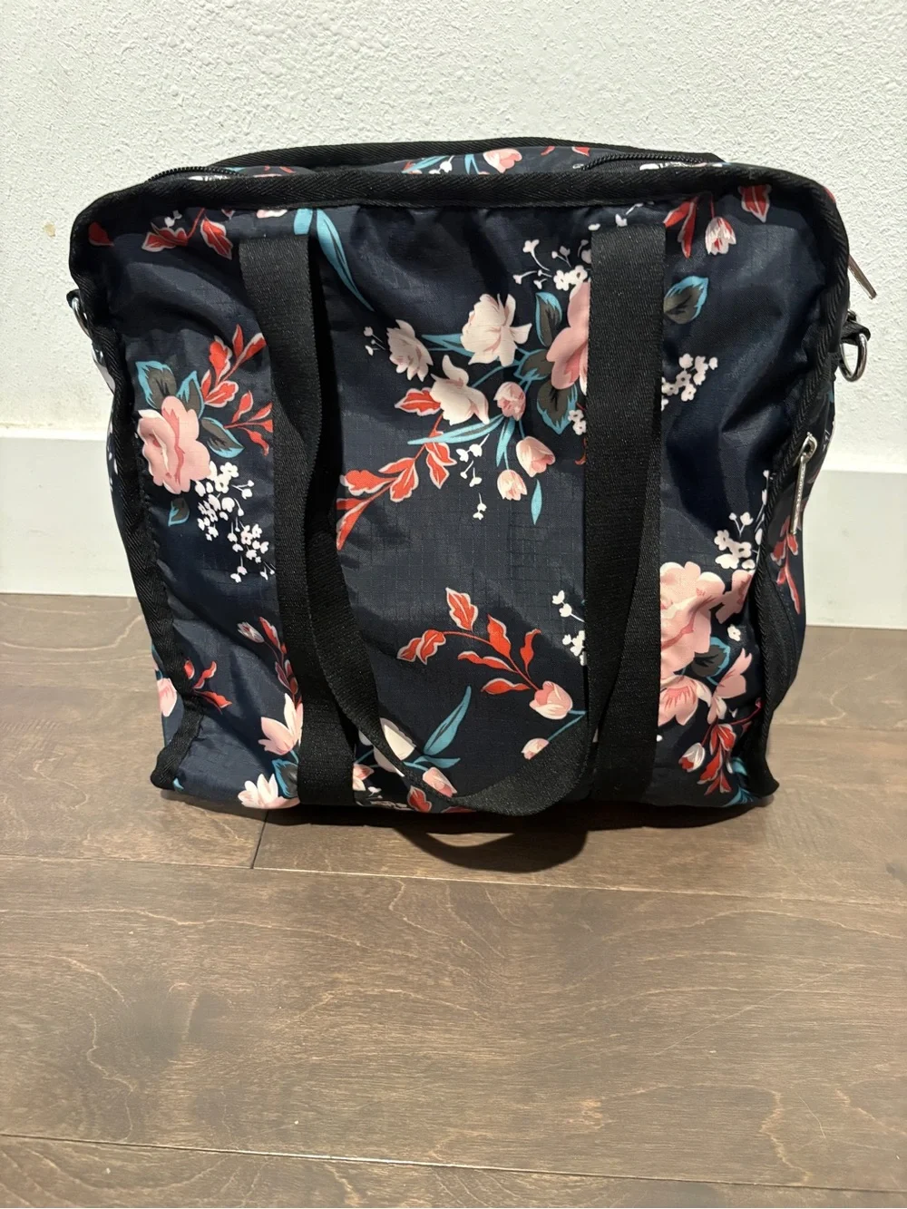 Floral Black Tote Bag with Pink Accents